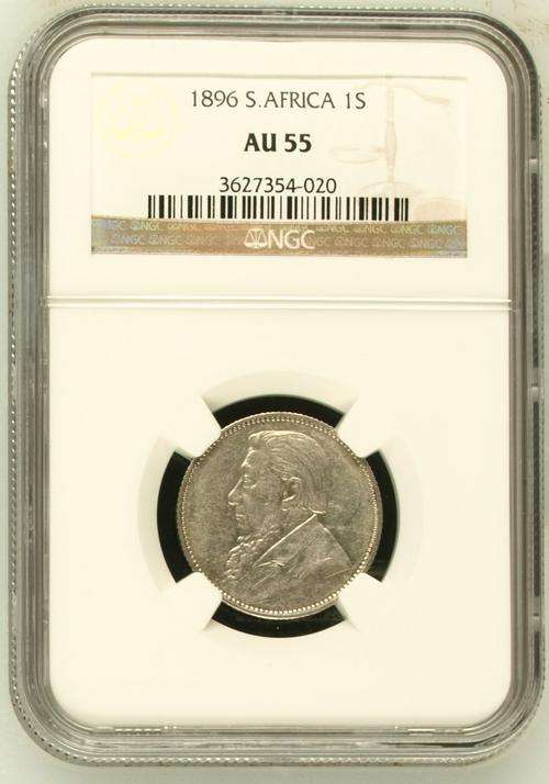 " Super Grade - Key Date " Z.A.R. 1896 One Shilling - NGC Graded AU55 - R1 Start.
